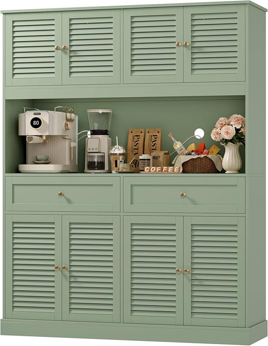 HIFIT 71" Hx55''W Large Kitchen Hutch Storage Cabinet, Farmhouse Coffee Bar Hutch with Microwave Stand, Tall Kitchen Pantry Cabinet with Louvered Doors, 2 Cable Holes, 2 Drawers, Green
