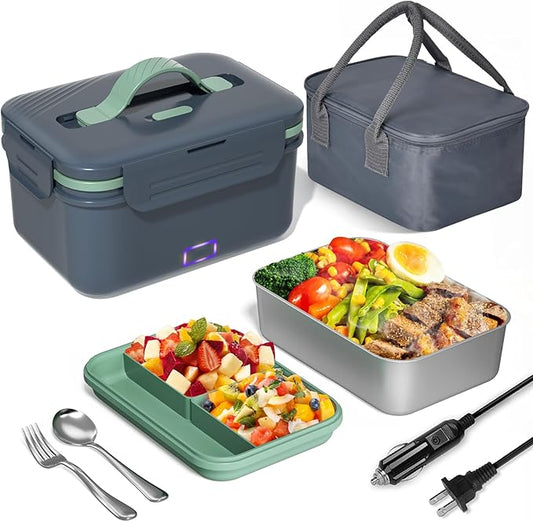 Monteka Electric Lunch Box Food Heater, Upgrade 100W High Power Portable Food Warmer, Heated Lunch Box for Adults Car/Home with 1.8L Removable Stainless Steel Container, 12V/24V/110V/220V, Grey