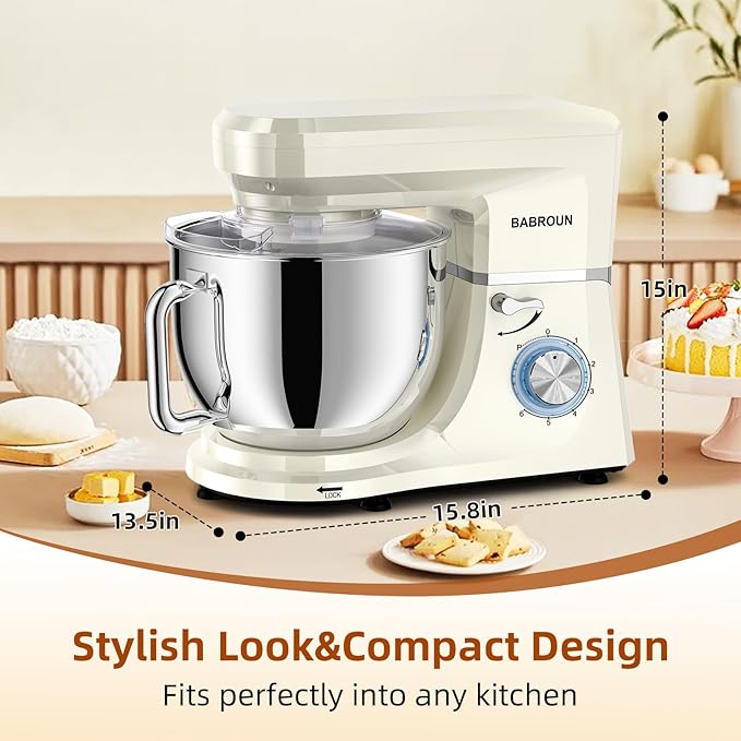 Babroun Dough Mixer 8.45 QT Electric Mixer - 660W 6 Speed Large Capacity Kitchen Stand Mixer with Whisk Dough Hook Mixing Beater Household Food Mixer for Baking Cakes Cookie Bread Salad