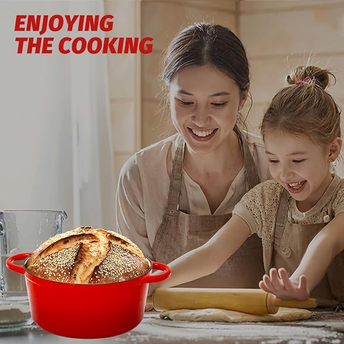 LEADKooKers 5QT Enameled Cast Iron Bread Oven with Proofing Basket for Bread Baking, Bread Making Supplies Tools,Heavy-Duty Cookware for Braising, Stews, Roasting, Bread Baking (Red)