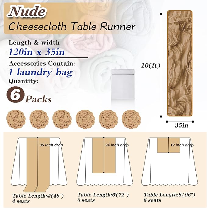 Nude Cheesecloth Table Runner 6 Pack 35" Boho Gauze Runner 120 inches Long Tablecloth Runner Rustic Sheer Fabric Bulk for Baby Shower Wedding Bridal Birthday Party Picnic Table Decorations