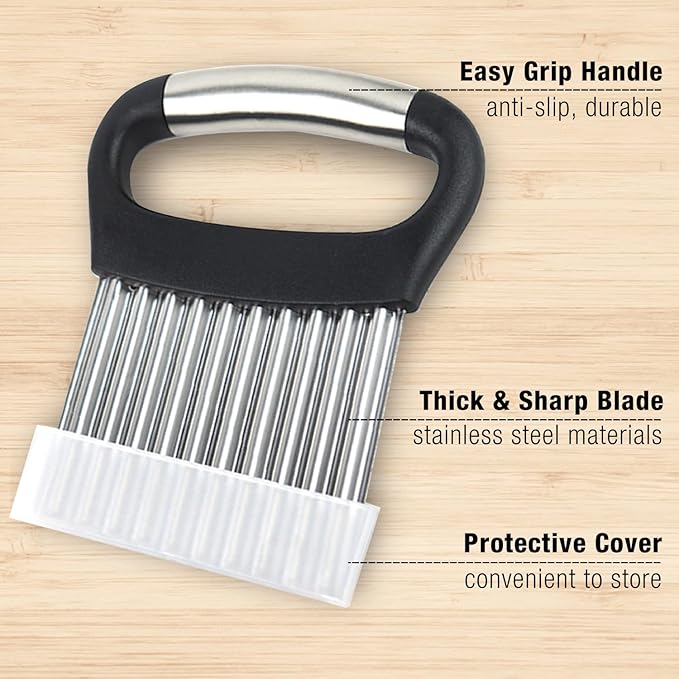2PCS Crinkle Cutter Knife with Peeler, Crinkle Cutter for Veggies Wave Chopper Stainless Steel Crinkle Cut Fry Cutter with Handle for Veggies Fruit, Set of 3