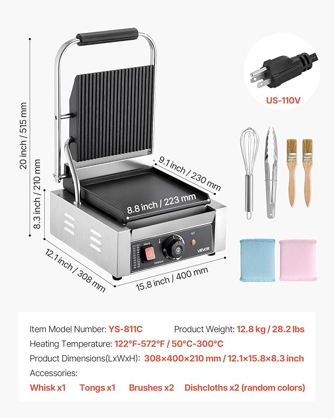 VEVOR Commercial Panini Grill, 1800W Electric Sandwich Panini Maker, Stainless Steel Sandwichs Press Grill with Handle and Temp Control, 8.8x9 in Flat Enamel Plate, for Hamburger Steak Bacon