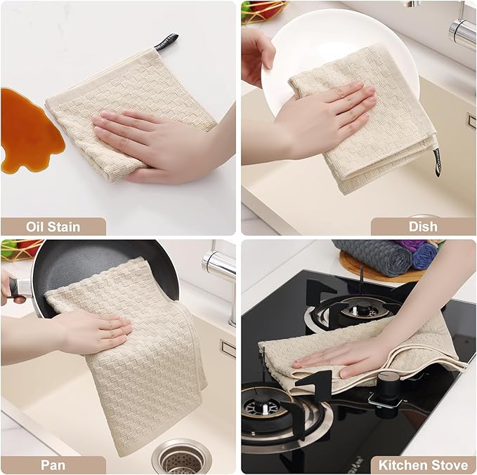 Homaxy 100% Cotton Kitchen Towels and Dishcloths Set, 12 x 12 & 15 x 25 Inches, Set of 8 Bulk Terry Cloth Dish Towels, Super Soft and Absorbent Hand Towel with Hanging Loop, Beige