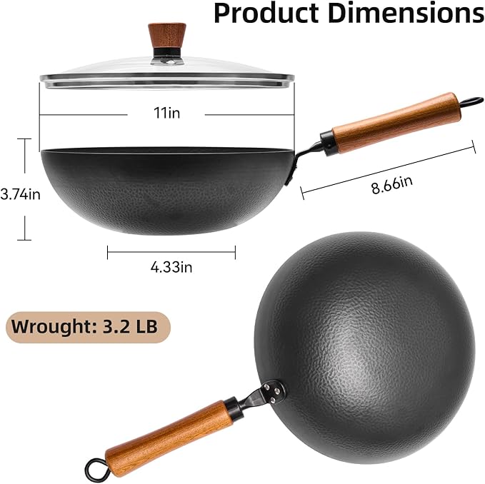 VIVIDCOOKWARE 11 Inch Round Bottom Wok, Cold-Forged Iron Wok with Glass Lid, Carbon Steel Wok with Wooden Handle, Heavy-Duty Stir Fry Pan for Gas Stoves and Round-Bottom Induction Stovetop