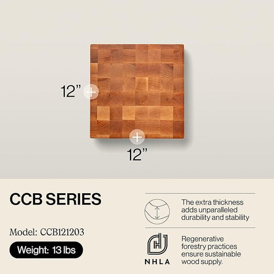 John Boos CCB Series Square Wooden Maple Cutting Board 12”x12” – 3” Thick, 13-lb Reversible Butcher Block with End-Grain & Finger Grips – Made in the USA