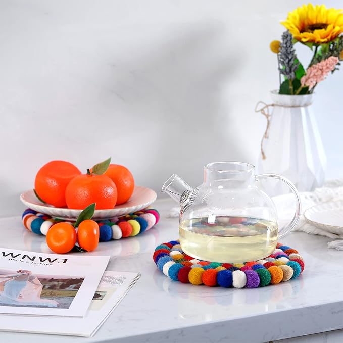 2 Pieces Felt Ball Trivet Round Felt Ball Coasters Handmade Trivet Multi Color Pot Mat Colorful Hot Plate Holder Heat Resistant Pot Holder for Table Desk Kitchen Decor Accessories