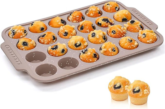 AOTASO 1 Pc Silicone Muffin Pans for Baking with Metal Reinforced Frame, Nonstick Cupcake Tray for Oven, 24 Cups Mini Size Silicone Molds for Egg Bites, Dishwasher Safe (Brown)