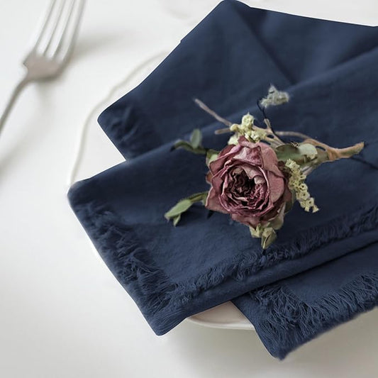 Handmade Cloth Napkins 100% Cotton Napkins with Fringe，Delicate Handmade Cloth Napkins for Dinners, Parties, Weddings and More，18 x 18 Inch Set of 12 - Navy Blue