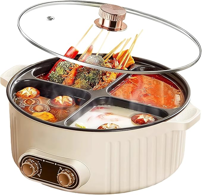 Four Grid Multifunctional Stew Pot, Electric Hot Pot 4 Compartment Divider Cooker, 6L Large Capacity Electric Slow Cooker, 1800W Integrated Non-Stick Hot Pots, for Home Party