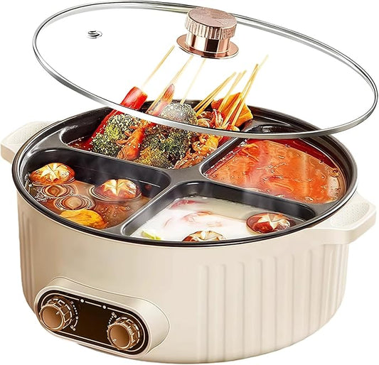 Four Grid Multifunctional Stew Pot, Electric Hot Pot 4 Compartment Divider Cooker, 6L Large Capacity Electric Slow Cooker, 1800W Integrated Non-Stick Hot Pots, for Home Party