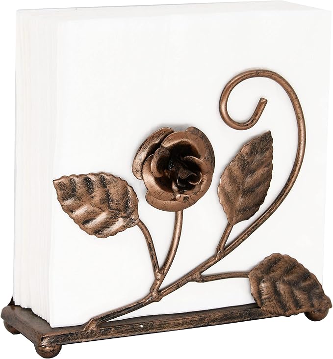 OwlGift Bronze Napkin Holder – Rose Design Metal Napkin Storage for Tables Modern Serviette Organizer – Tissue Dispenser Perfect for Outdoor Events – Decorative Clear Cocktail Napkin Kitchen Décor