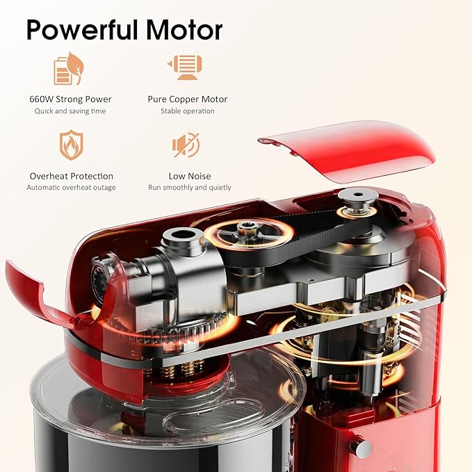 Honinst Stand Mixer, 7-IN-1 6.5QT 660W Multifunctional Electric Kitchen Mixers with Blender, Meat Grinder, Dough Hook, Whisk and Beater, 8-Speed Food Mixer for Baking, Cooking, Food Processing, Red