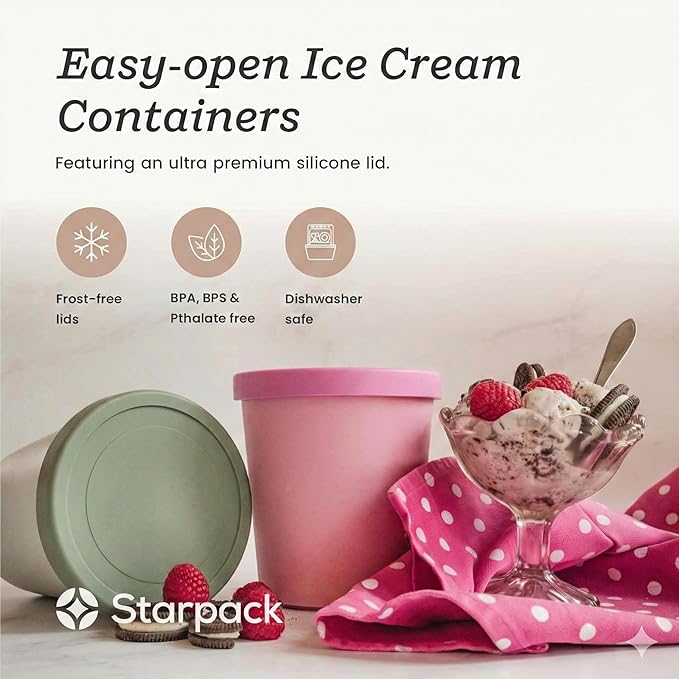 Starpack 'Freeze the Day' Ice Cream Storage Containers for Freezer (2 Pcs) - 1 Quart Ice Cream Containers for Homemade Ice Cream - Reusable Ice Cream Containers with Lids - Leak-Free Lids (Silicone)
