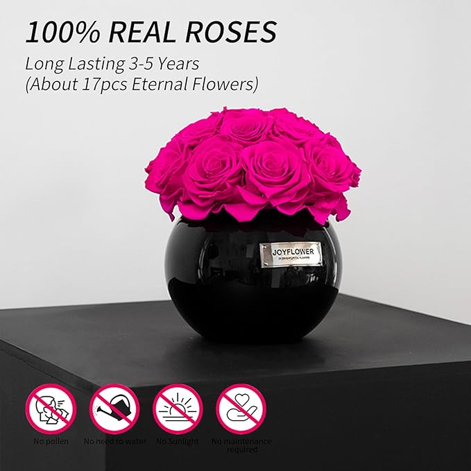 JoyFlower Preserved Flowers Vase Glass Decor, Eternal Flower Vases for Centerpieces, Forever Flower Decorations for Party Home Wedding Table Living Room Bedroom, Black Glass Vase House Decor(Fuchsia)