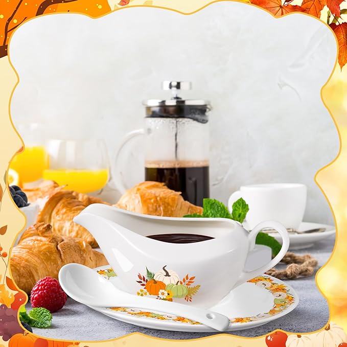 16OZ Thanksgiving Gravy Boat with Ladle and Saucer Ceramic Gravy Boat Thanksgiving Serveware for Salad Dressings, Creamer, Broth, Black Pepper Used at Weddings Parties Christmas or Daily Use