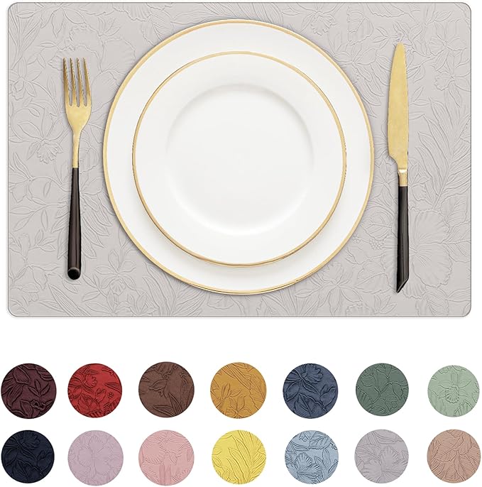 Romanstile Vinyl Placemats Set of 8-12 X 17 Inch - Heat Resistant Non-Slip Embossed Floral Place Mats 100% Waterproof Oilproof Wipeable Faux Leather Table Mats for Kitchen/Dining/Party, LightGrey