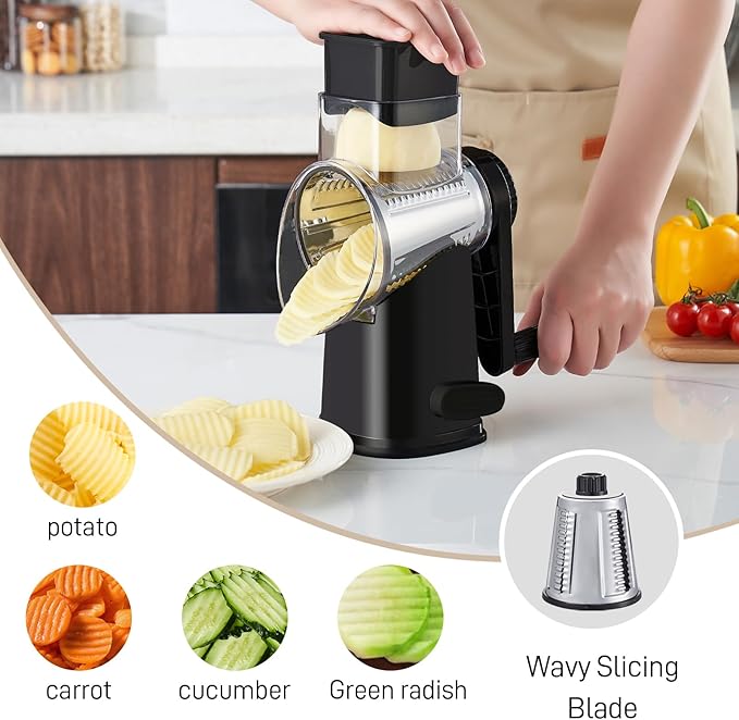 Rotary Cheese Grater with 4 Blades, Large Hand Crank Cheese Grater with Waffle Slicer, Black and White Cheese Slicer with Suction Base, Easier for Shredding& Grating (black, 4 Graters)