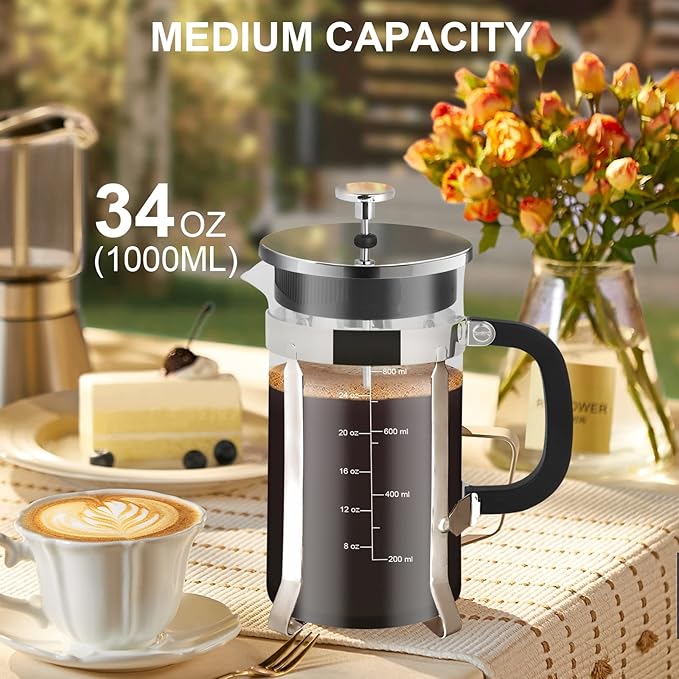Nukeekee French Press Coffee Maker,34oz 304 Stainless Steel with 2 Filter, Heat Resistant Durable, Easy to Clean, Borosilicate Glass Press, BPA Free Glass TeaPot-34 Ounce 1 Liter (Chrome)