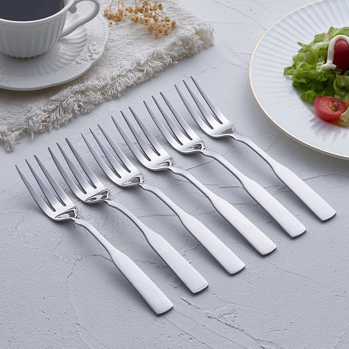 3-Tine Fork, Stainless Steel 7.6” Dinner Silverware Fork, Metal Cocktail Dessert Forks, 6-Piece