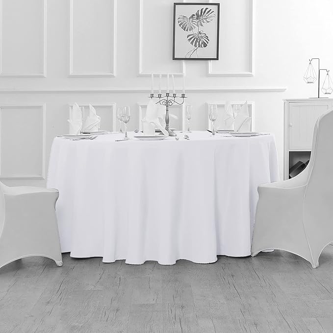 Fokitut 12 Pack Waterproof Round Tablecloth, 132 Inch, Stain Resistant and Wrinkle Polyester Table Cloth, Fabric Table Cover for Kitchen Dining, Wedding, Party, Holiday Dinner-White