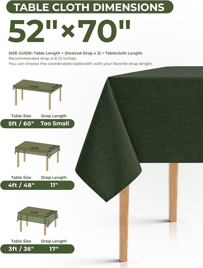 Waterproof Reusable Small Table Cloths for Dining Table, Outdoor Washable Cloth Tablecloths for Rectangle Tables for Holiday, Wedding, Dining(Oblong, 52 X 70 Inch (4-6 Seats), Dark Green)