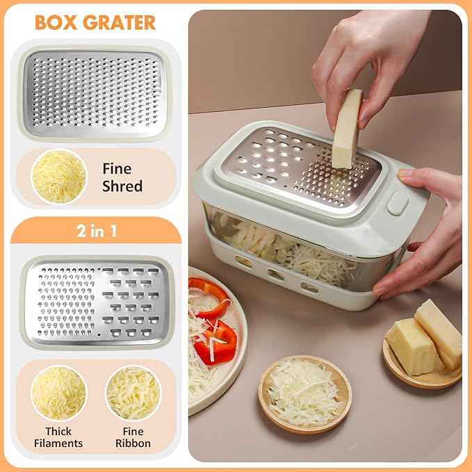 Cheese Grater with Container and Lid,Glass Food Storage Box with Silicone Sleeves,Hand Chopper Graters,for Ginger, Vegetables, Butter, Chocolate & Nutmeg,for Microwave, Dishwasher, Oven
