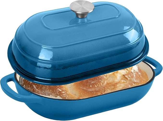 Fijxzct Premium Enameled Cast Iron Dutch Oven for Bread Baking | Non-Stick 5QT Oval Bread Oven with Lid | Perfect for Sourdough, Loaf, and Artisan Baking (Oval Blue, 5 QT)