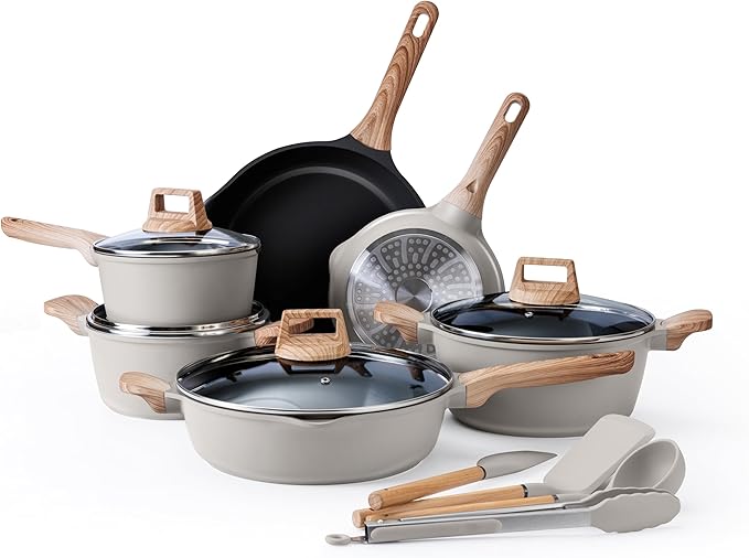 Country Kitchen Pots and Pans Set Nonstick, Cast Aluminum Kitchen Cookware Set with Utensils, 14 Pcs Non Stick Cooking Set w/Frying Pans & Saucepans, Grey