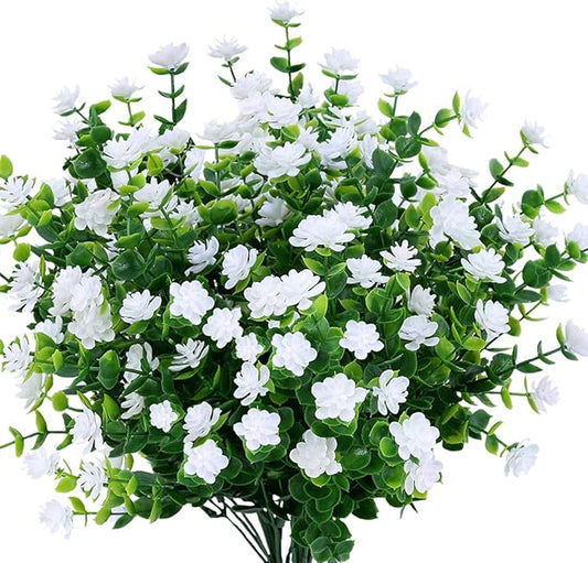 6PCS Artificial Eucalyptus Flowers, Fake Artificial Greenery UV Resistant No Fade Faux Plastic Plants for Wedding Bridal Bouquet Indoor Outdoor Home Garden Kitchen Office Table Vase(White)