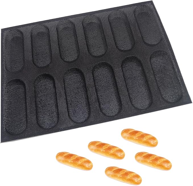 Dioycli Silicone Bread Loaf Pan for Baking, Mini Baguette Bread Pan Perforated Hot Dog Bun Pan 12 Loaf Non Stick Baking Liners Mat