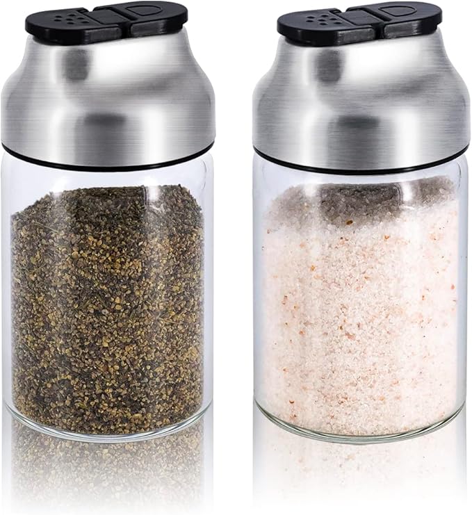 Aelga Salt and Pepper Shakers Set - 5 OZ Glass Salt Shaker with Adjustable Pour Holes - Sugar Dispenser with Stainless Steel Lid - Elegant Kitchen Table Accessories