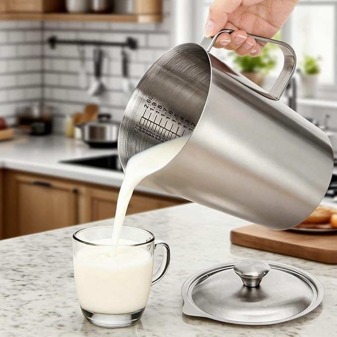 Stainless Steel Pitcher with Lid, 79oz/2.3L 304 Metal Measuring Cup with Marking&Handle, Large Mouth Graduated Beakers, Milk Frothing Jug Water Pitcher for Coffee Latte Art Machine Iced Hot Tea