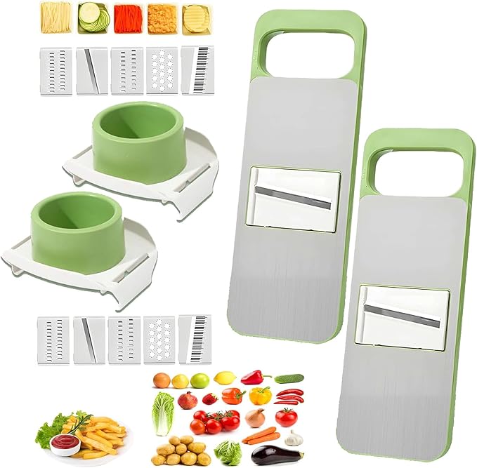 2 Pack 5 in 1 Mandoline Slicer for Kitchen, Vegetable Slicer Multi Blade Potato Chip, Veggie shredder, Vegetable Cutter, Julienne Shredder and peeler For Small Job In Kitchen