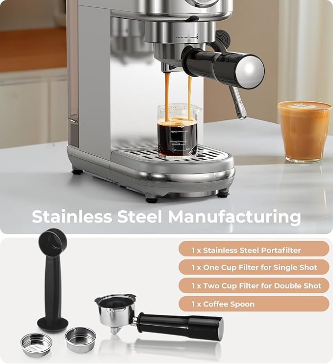 atatix Espresso Machine with Milk Frother, 20 Bar Pressure Espresso Maker, with 44OZ Removable Tank, Compact Stainless Steel Coffee Machine for Home, Office, Latte, Cappuccino, Gift for Women or Men