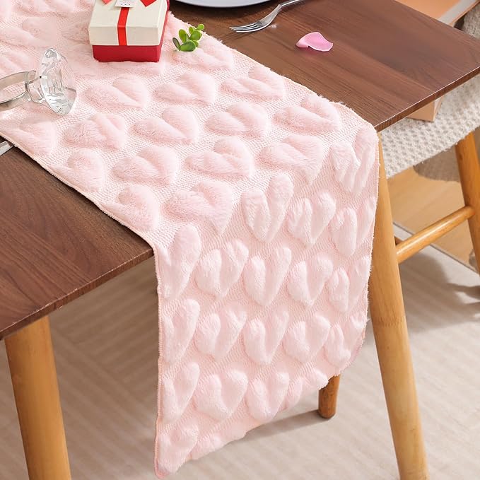 Table Runner 13x72 Inch for Valentine's Day, 3D Heart Shape Winter Holiday Decorative Farmhouse Table Decorations for Kitchen Dinning, Indoor Outdoor Dinner Party Decor (Pink)