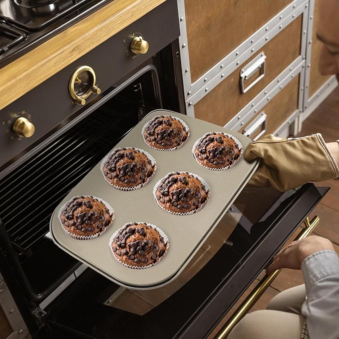 DRAONGYE 2 Packs Round Muffin Baking Pan, Premium Steel Muffin Pan for Baking, Nonstick Cupcake Tin Cheesecake Pans, Bakeware Muffin Top Pan (6 Cups, Golden)
