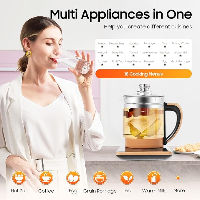 Electric Tea Kettle, 1.8L 800W Multifunctional Glass Kettle Health Pot Tea Maker Household W/Filter+ Digital Heating Base For Health Medicine Meals, Boiled Eggs, Noodles, Coffee, Soup, Hot Pot