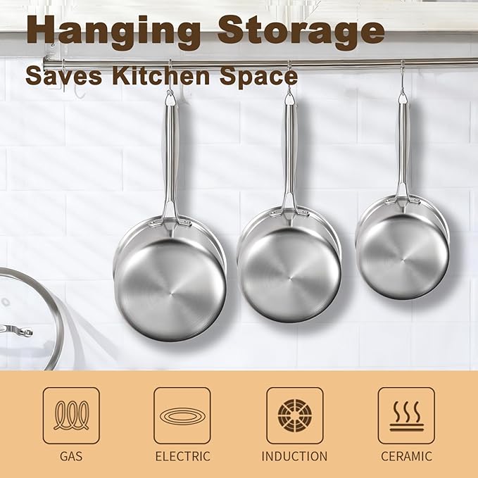 MOUTIUS 1 Quart Triple Stainless Steel Saucepan with Lid, Ramen Pot with Clear Glass Cover, Small Sauce Pan for Cooking Oatmeal, Induction-Ready, Dishwasher-Safe, Suitable for All Stoves