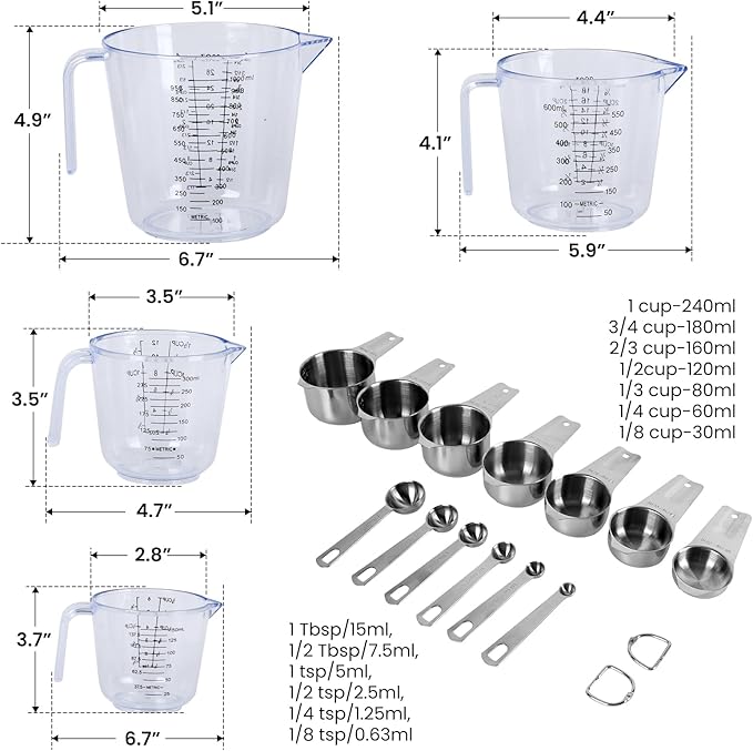 7x Stainless Steel Measuring Cups with 6x Measure Spoons Set,4x Plastic liquid Measurings Cups for Liquids,Kitchen Gadgets for Cooking & Baking Utensils Christmas Gift (17Pcs)