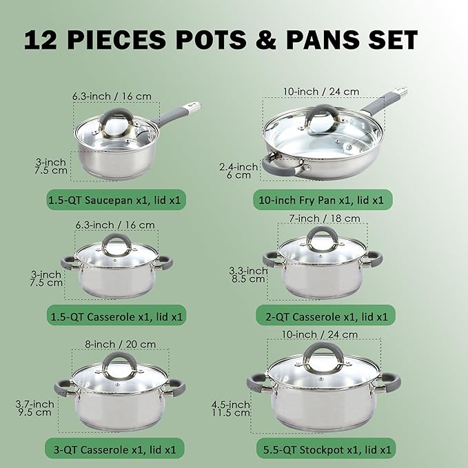Cook N Home Kitchen Cookware Set, 12-Piece Basics Stainless Steel Pots and Pans Set with Gray Silicone Handle, Silver