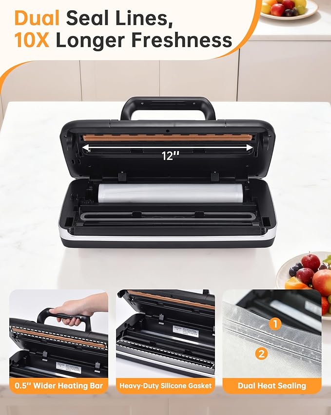 85kPa Heavy Duty Vacuum Sealer Machine, Commercial Grade Food Sealer with Double Seal, One-Hand Operation Handle, Built-in Cutter & Bag Storage, Moist/Dry Modes for Sous Vide, Meat & Meal Prep