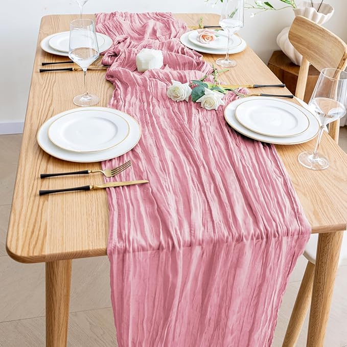 Wokceer Cheesecloth Table Runner Pink Valentine's Day 10FT Boho Gauze Cheese Cloth Table Runner for Party Long Rustic Sheer Runners for Baby Bridal Shower Wedding Easter Decor