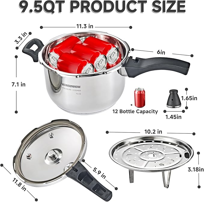 VITASUNHOW Stainless Steel Pressure Cooker with Steamer Basket, Faster Cooking and Safety Pressure Release (9-Liter)