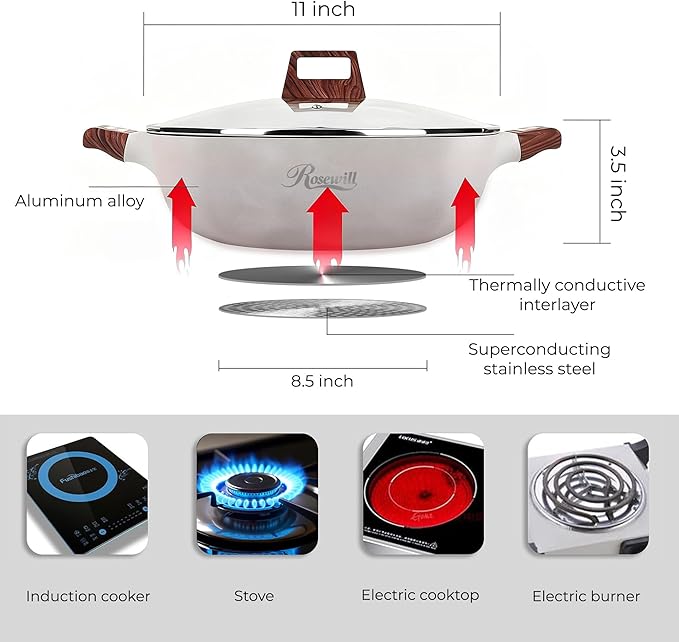 Rosewill 4.2QT Double Flavor Non-Sticking Shabu Shabu Hot Pot with Divider, 13 inch Divided Stockpot for Cooking, Hot Pot for Induction Cooktop & Gas Stove, Electric Burner - Beige
