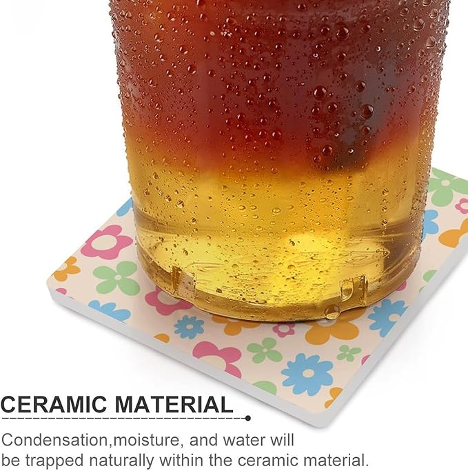 Floral Drink Coasters, Square Ceramic Drink Coaster Square-6PCS, Cartoon 70s Cute Flower Abstract Pastel Daisy Floral Decor Absorbent Ceramic Coasters for Beverage Cup, Bar, Coffee Table