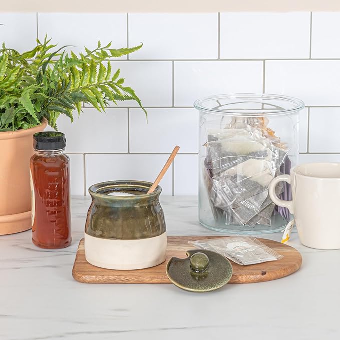 Creative Co-Op Stoneware Sugar Pot with Lid and Wood Spoon, Deep Green Glaze