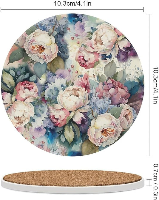 Round-6PCS Floral Ceramic Coasters, Round Absorbent Drink Coasters, Watercolour Abstract Nature Plant Floral Colorful Wildflower Ceramic Table Coasters for Coffee, Beverage, Wine, Beer Coasters