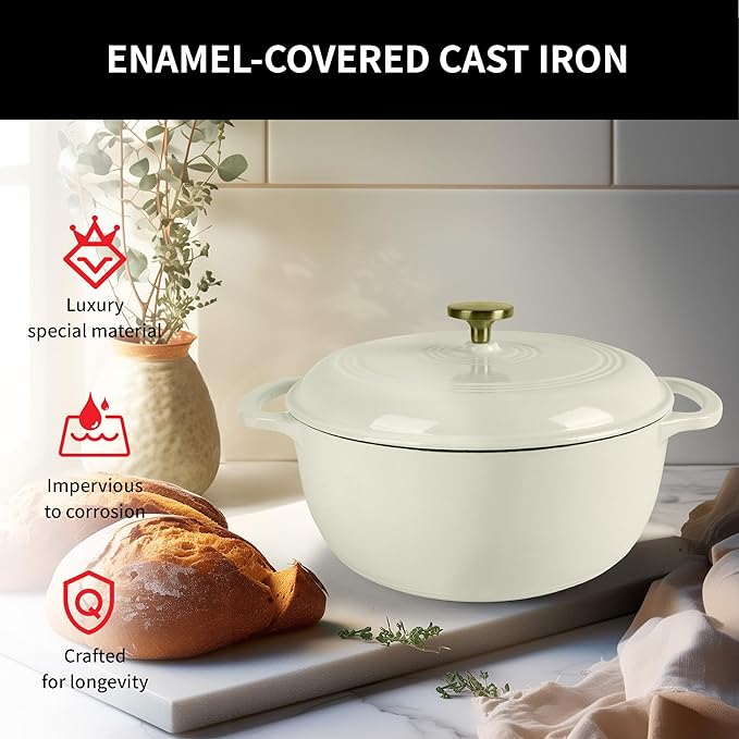 Fijxzct Premium Enameled Cast Iron Dutch Oven for Bread Baking | Non-Stick 5.5QT Oval Bread Oven with Lid | Perfect for Sourdough, Loaf, and Artisan Baking (Round Cream, 5.5 QT)