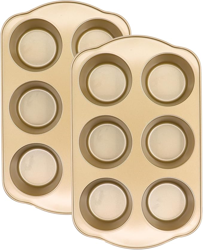 JOHO BAKING Jumbo Muffin Pan 2 Pack, Nonstick Large Cupcake Pan 6 Cup, Heavy Duty 0.5mm Thick Steel Big Muffin Tins for Baking, 3.5inch Dia, Gold